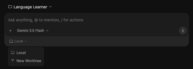 Native Git worktrees can be created easily when starting a new conversation.
