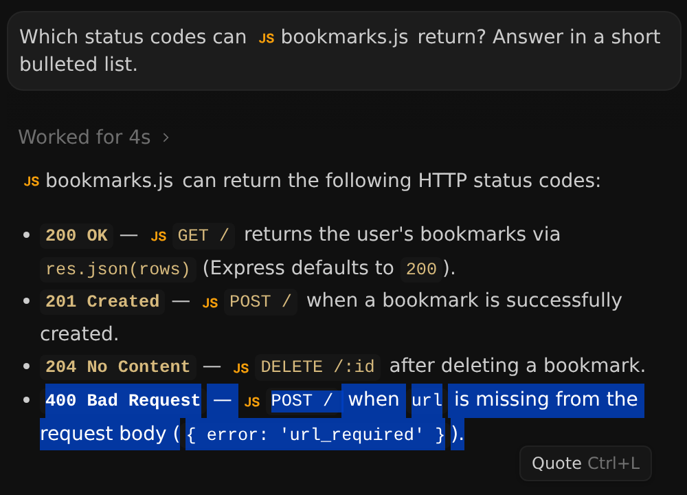 A bullet point in an Antigravity App response selected, with a Quote Ctrl+L popup below the selection; the user message above it contains a bookmarks.js file chip