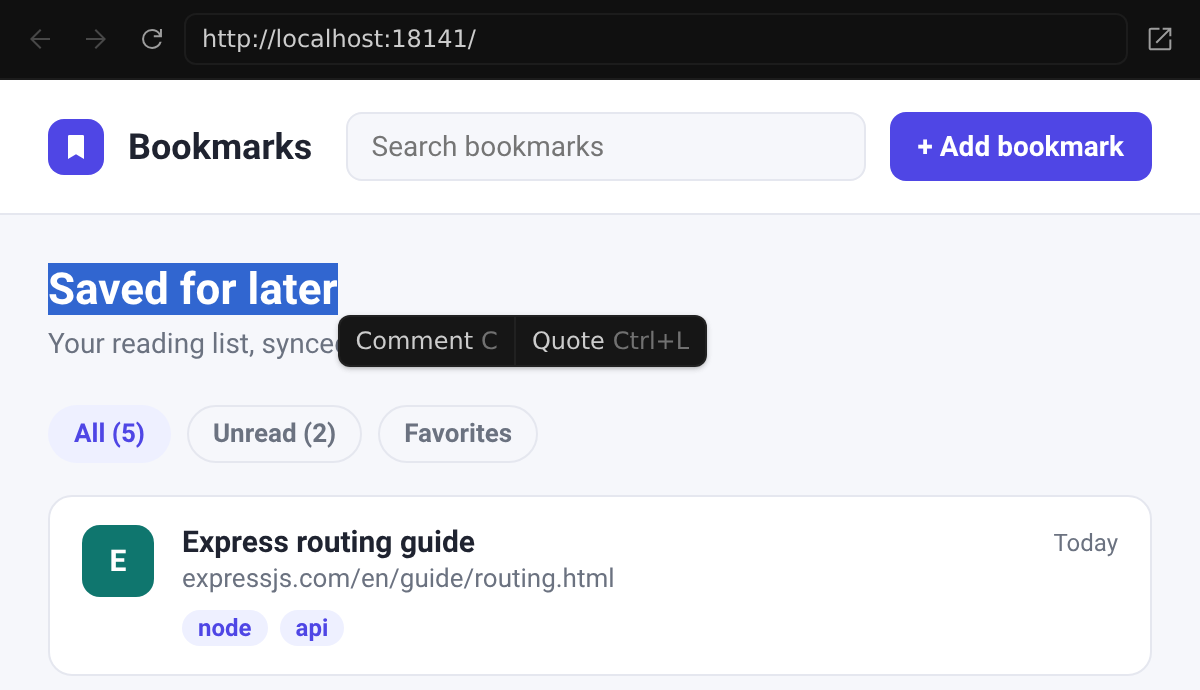 Text selected on a web page in the built-in browser, with a popup that offers Comment (C) and Quote (Ctrl+L)