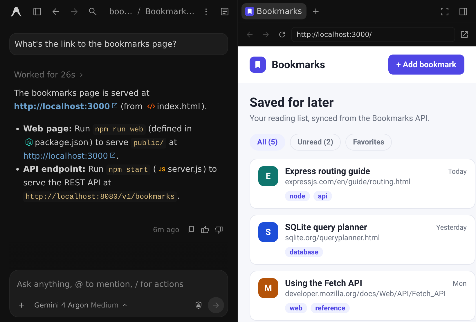 The Antigravity App with a conversation on the left, where the agent answers with a localhost link to a Bookmarks web app, and the built-in browser in the side panel on the right showing that app