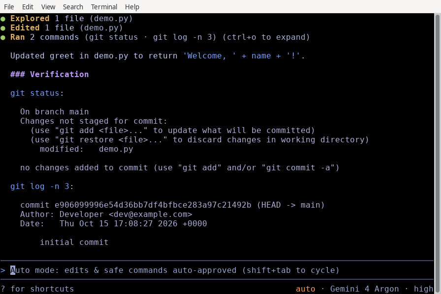 The CLI running in auto mode showing the auto status bar indicator and prompt placeholder