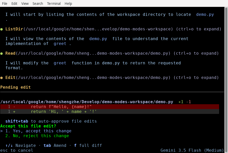 The default mode file edit diff review panel showing line modifications and action choices