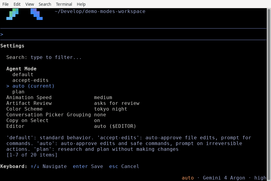 The interactive settings panel with Agent Mode highlighted and showing the available modes