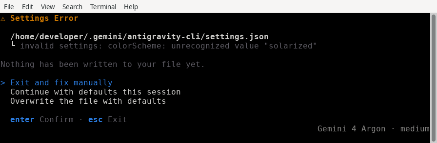 The Settings Error screen for an unrecognized colorScheme value, with options to exit, continue with defaults, or overwrite the file