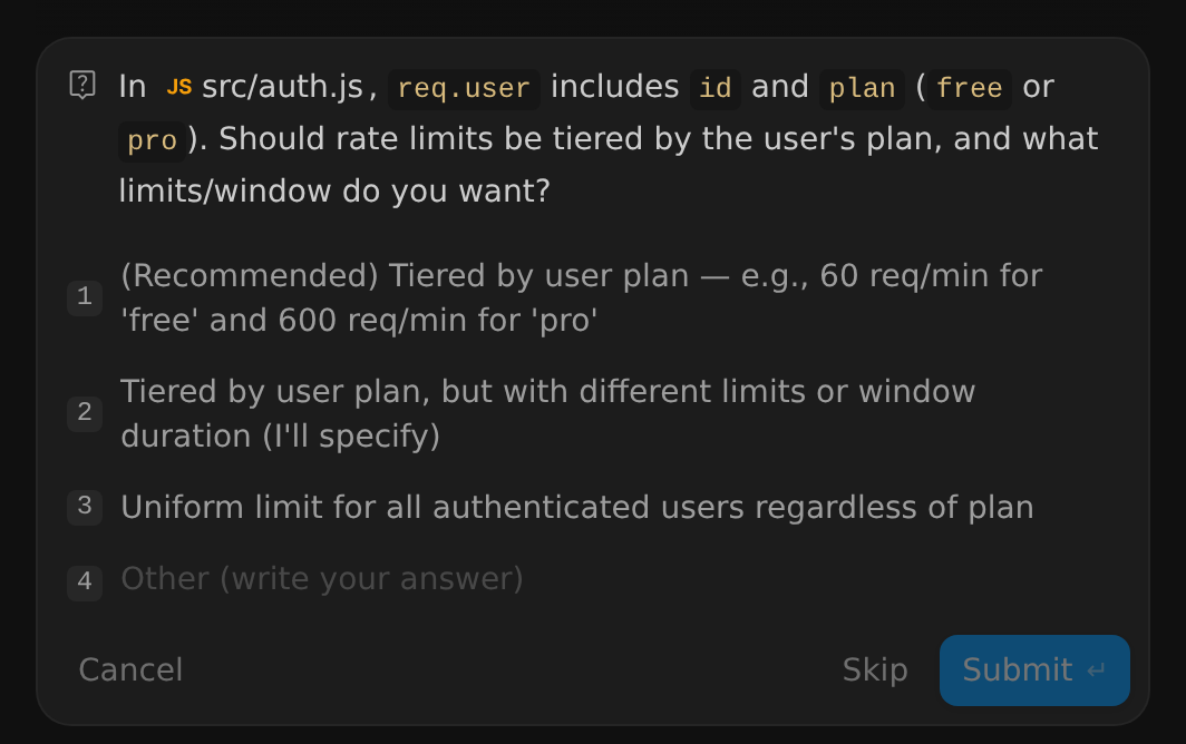 A /grill-me question in the Antigravity App asking whether rate limits should be tiered by user plan and what limits to use, with the recommended answer first, an Other field, and Cancel, Skip, and Submit buttons