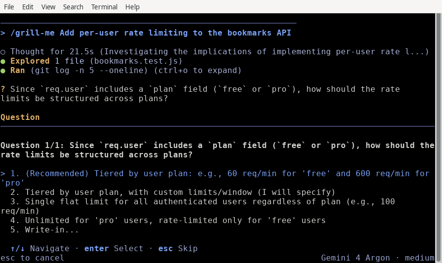 A /grill-me question in the Antigravity CLI asking how rate limits should be structured across user plans, with the recommended answer first and a Write-in option last