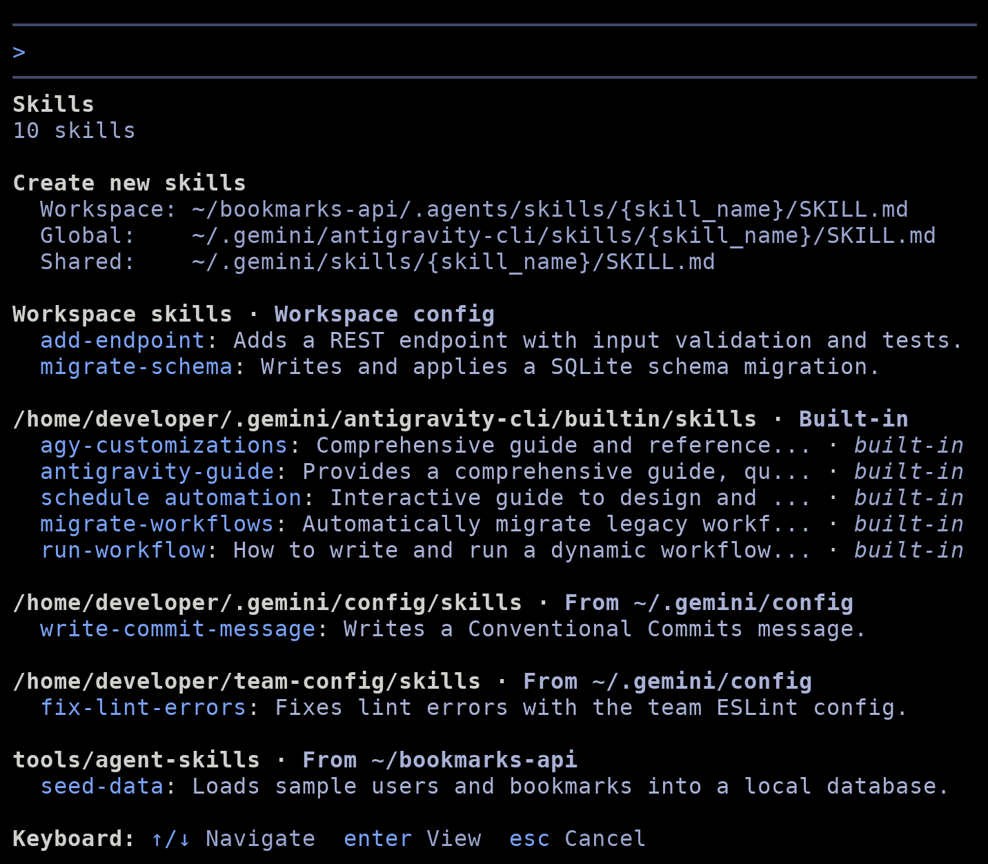 The /skills panel in the Antigravity CLI, listing the workspace skills add-endpoint and migrate-schema, the built-in skills, write-commit-message from ~/.gemini/config/skills, fix-lint-errors from /home/developer/team-config/skills, and seed-data from tools/agent-skills