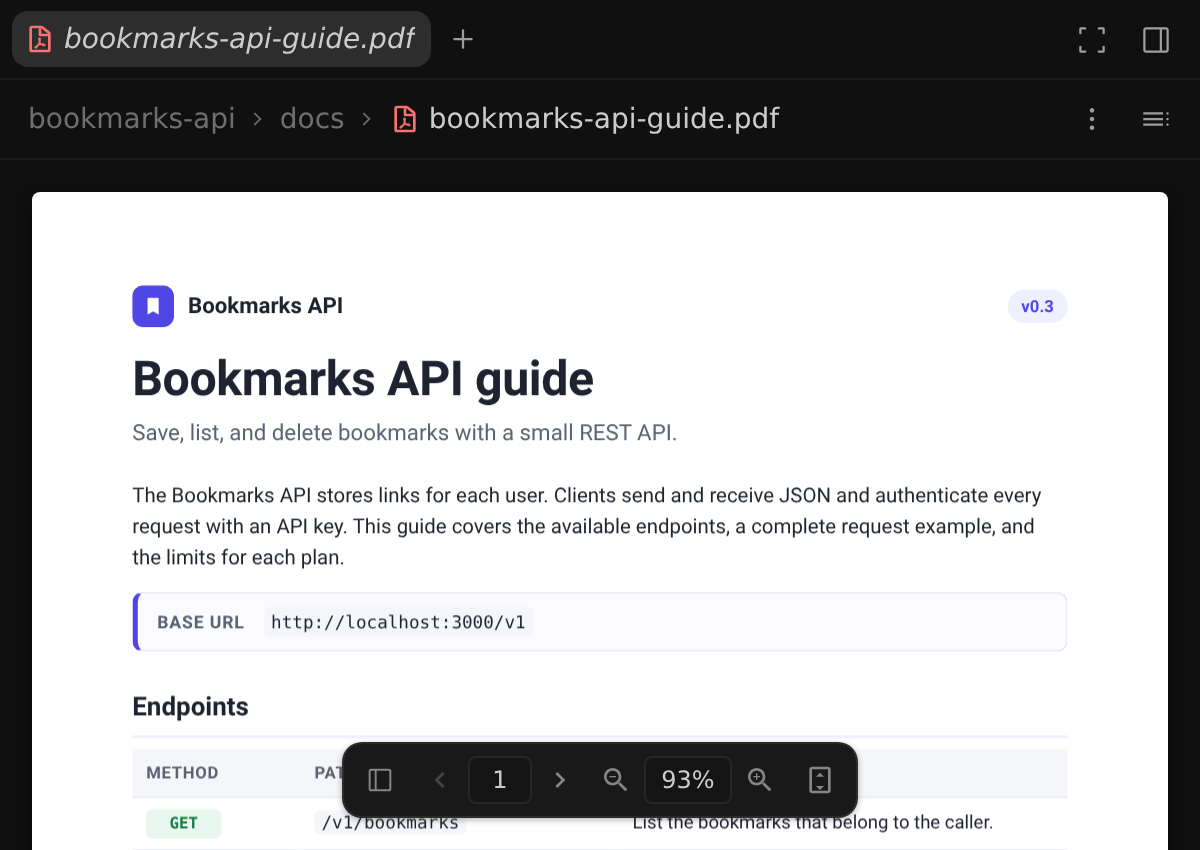 A Bookmarks API guide PDF open in the side panel of the Antigravity App, with a toolbar at the bottom for page thumbnails, page navigation, zoom, and fit mode