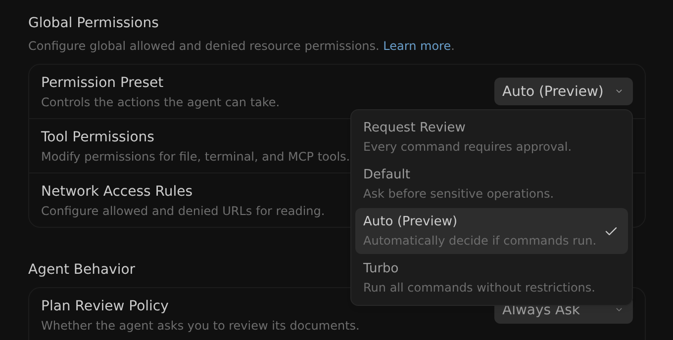 Permission Preset selector in Global Permissions settings