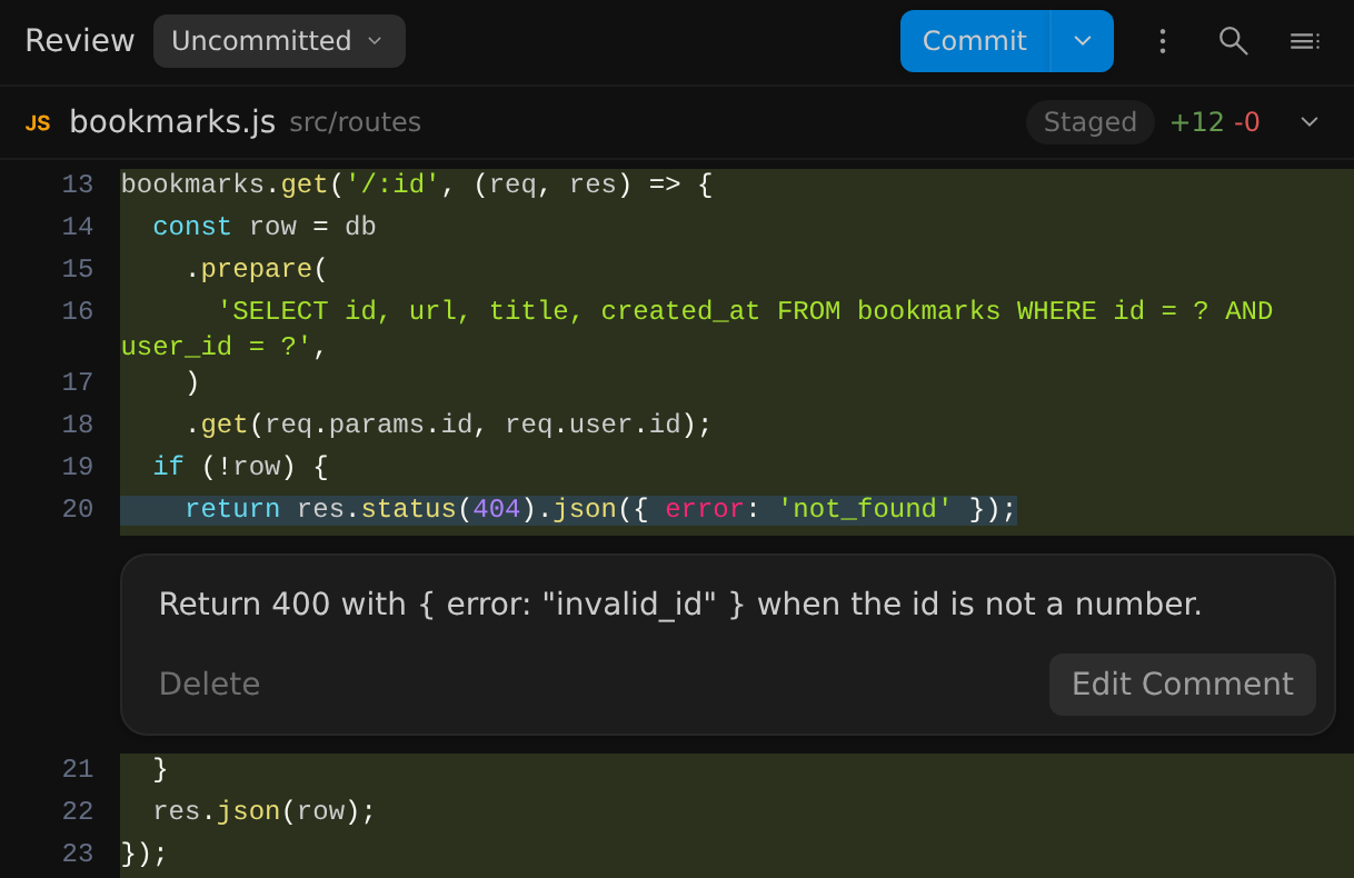 An inline comment in the Review pane of the Antigravity App. Below line 20 of bookmarks.js, which returns a 404 not_found error, a comment card reads Return 400 with error invalid_id when the id is not a number, with Delete and Edit Comment buttons