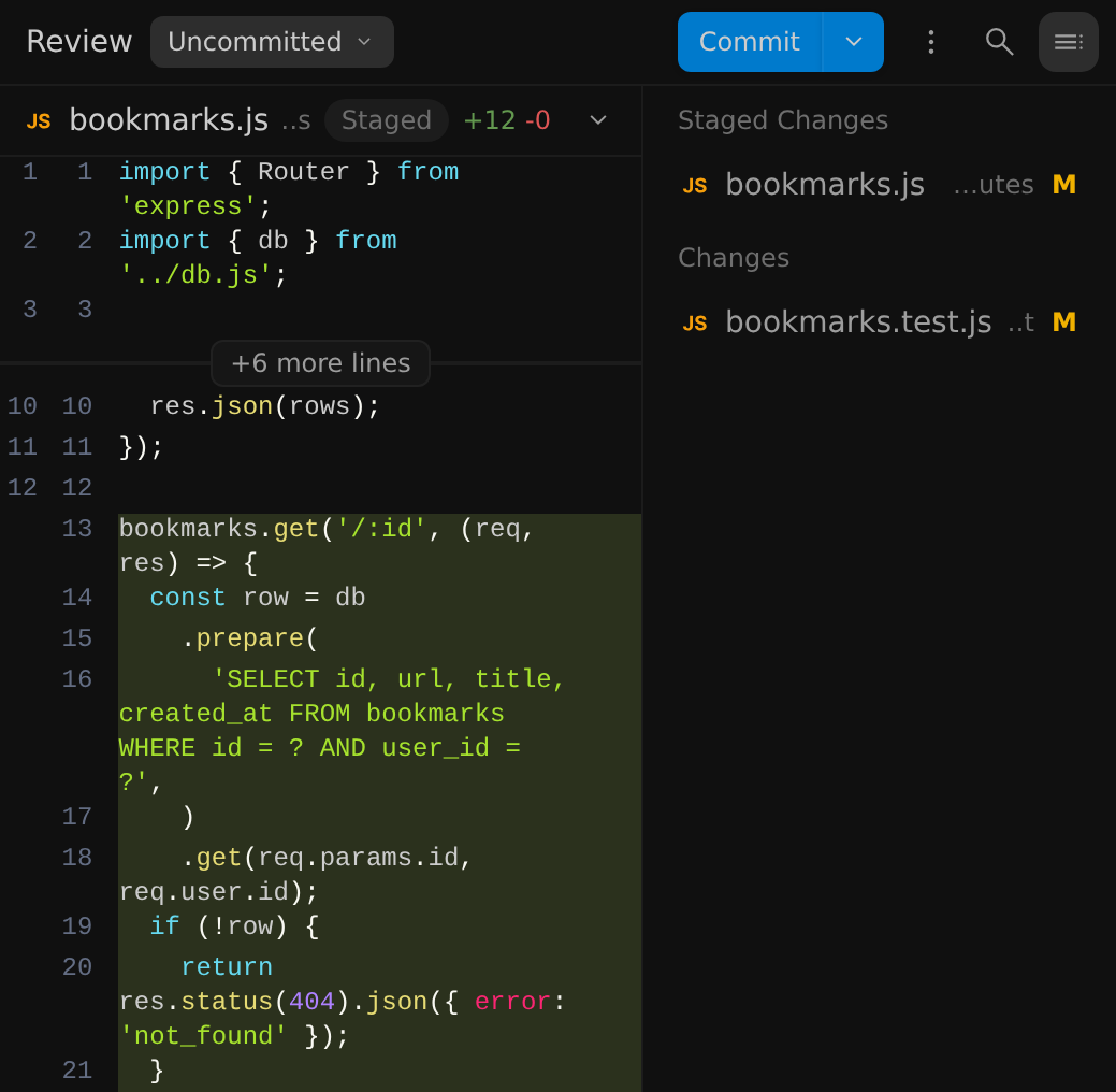 The Review pane in the Antigravity App with Uncommitted selected. The diff of bookmarks.js, marked Staged with +12 -0, shows a new route in green below a +6 more lines button. The route returns one bookmark by ID, or a 404 not_found error if there's no match. The sidebar lists bookmarks.js under Staged Changes and bookmarks.test.js under Changes, each with an M status letter