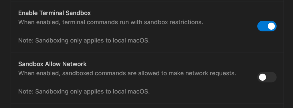 Sandbox settings toggles