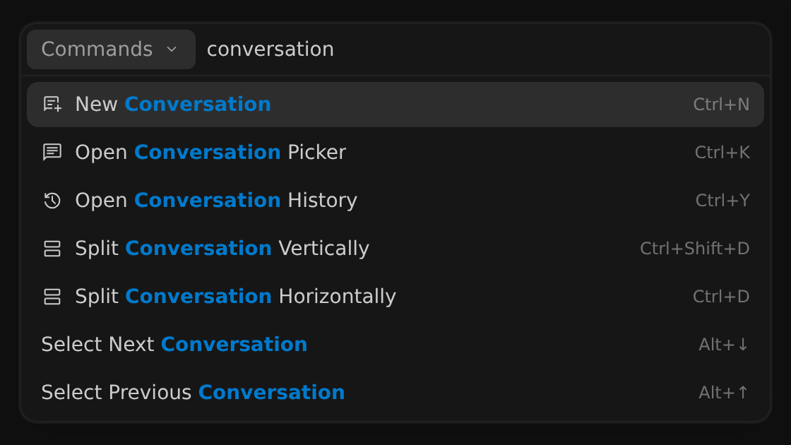 The Commands category of the command palette filtered by the word conversation, listing commands such as New Conversation, Open Conversation Picker, and Open Conversation History, each with its keyboard shortcut on the right.