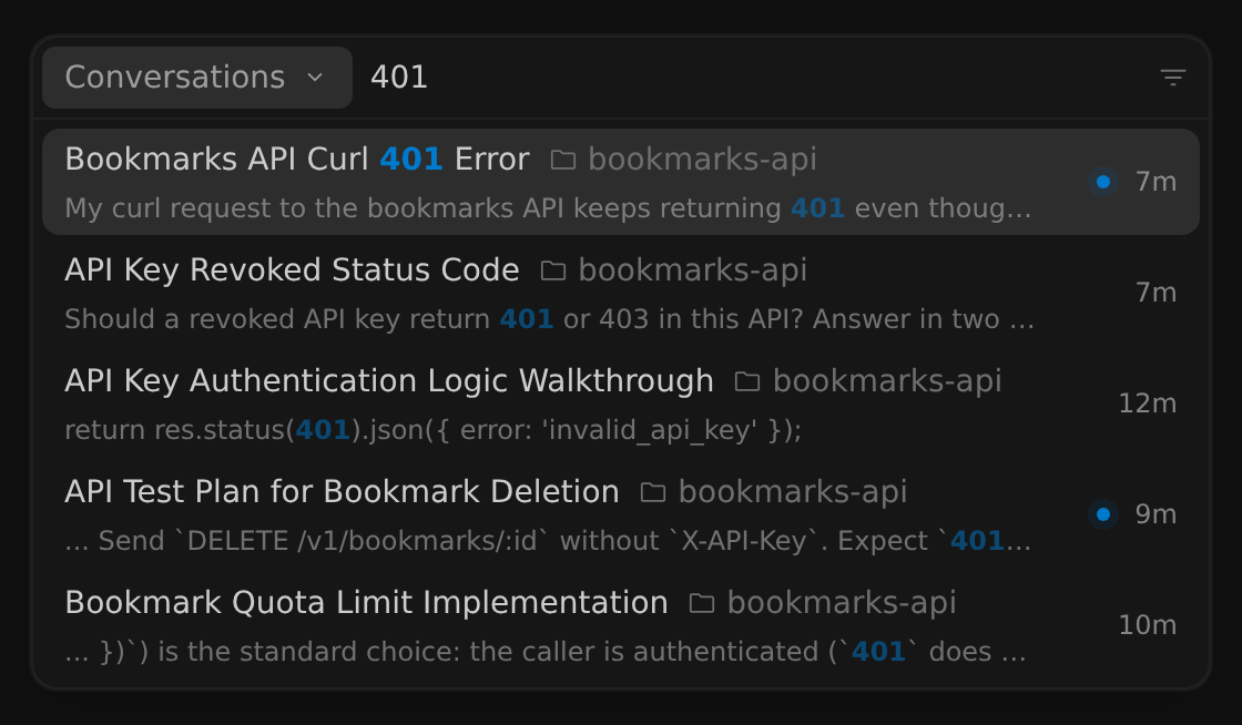 The Conversations category of the command palette with the query 401, listing five conversations from the bookmarks-api project. Each result shows the conversation title, a snippet of the matching prompt or agent response with 401 highlighted, and when the conversation was last updated.